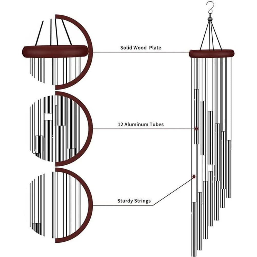 Storazone 12 Tubes Wind Chimes Aluminum Tube + Pine  Metal Pipe Wind Chimes Bells Decor Outdoor Yard Decoration Large Wind Chimes Bells