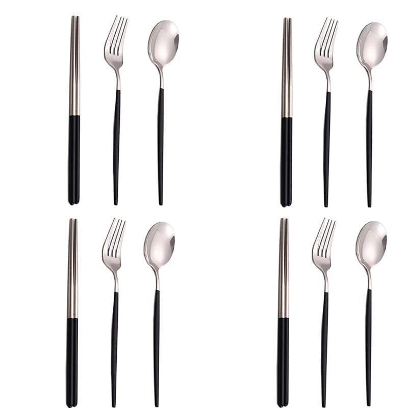 Storazone 12Pcs BlackSilver 12-16 Pcs Black Gold Cutlery Set Chopsticks Knife Fork Spoon Golden Stainless Steel Korean Dinnerware Set Luxury Tableware Set