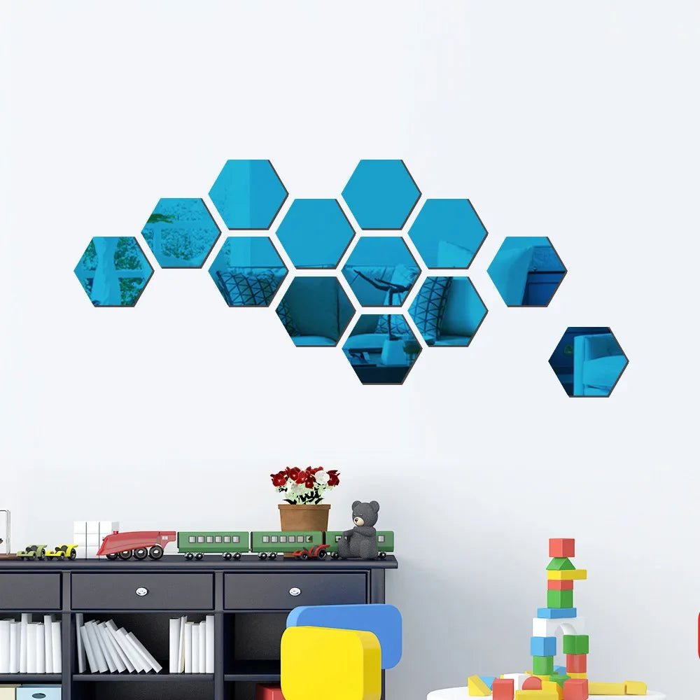 Storazone 12PCS Blue / XS 46x40x23mm 6/12Pcs Hexagon Acrylic Mirror Wall Sticker Home Decor DIY Removable Hexagonal Decorative Mirror Decal Art Ornaments For Home