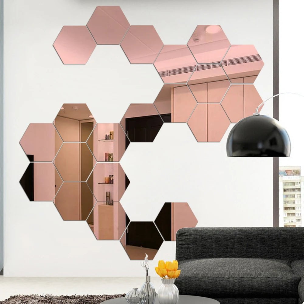 Storazone 12PCS Rose Gold / XS 46x40x23mm 6/12Pcs Hexagon Acrylic Mirror Wall Sticker Home Decor DIY Removable Hexagonal Decorative Mirror Decal Art Ornaments For Home