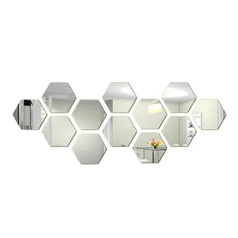 Storazone 12PCS Silver / XS 46x40x23mm 6/12Pcs Hexagon Acrylic Mirror Wall Sticker Home Decor DIY Removable Hexagonal Decorative Mirror Decal Art Ornaments For Home