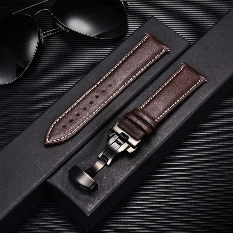 Storazone 13 / 18mm Smooth Genuine Calfskin Leather Watchband 18mm 20mm 22mm 24mm Straps with Solid Automatic Butterfly Buckle Business Watch Band