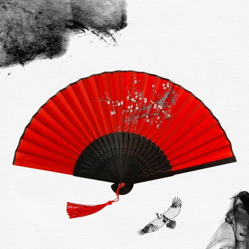 Storazone 13 Chinese Japanese Silk Folding Fan Wooden Shank Classical Dance Fan High Quality Tassel Elegent Female Fan Home Decoration