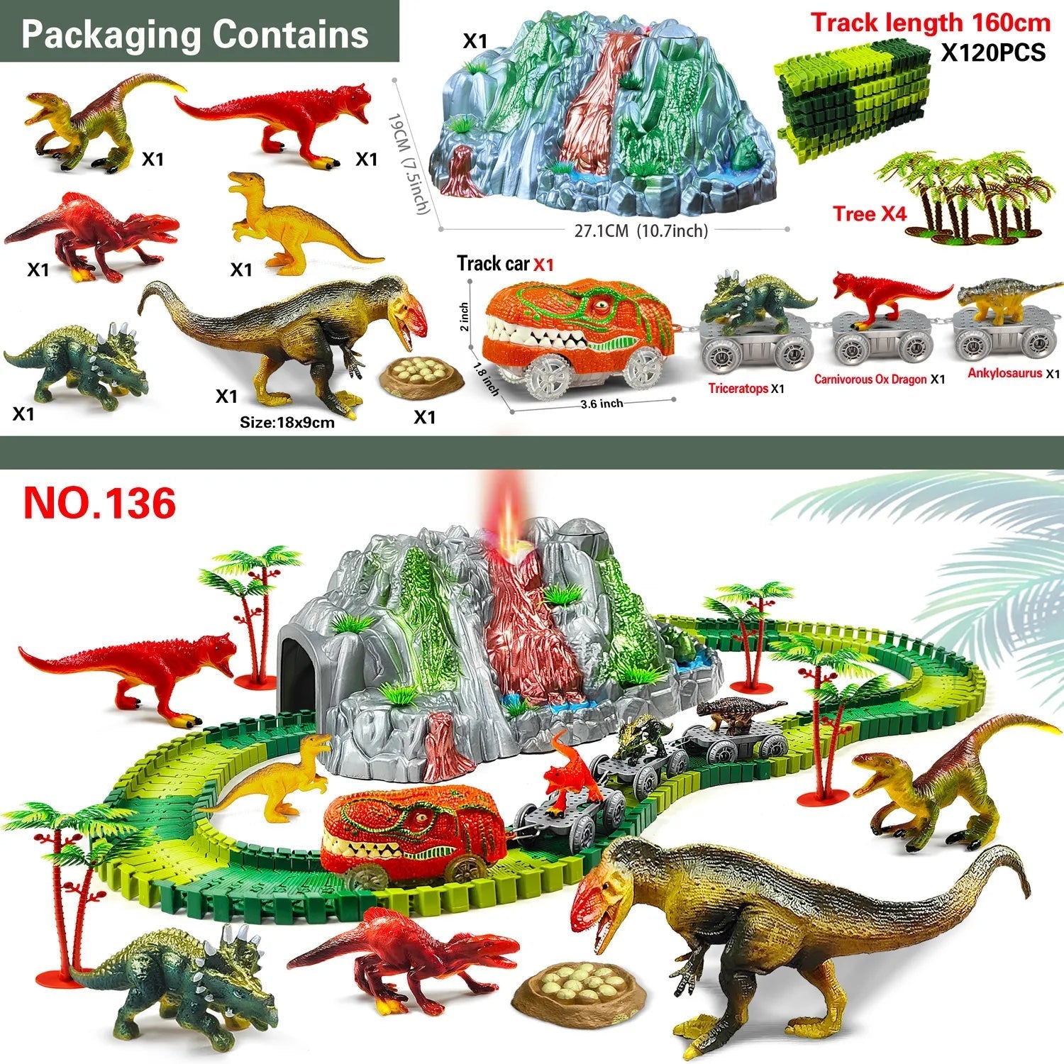 Storazone 136 track set Dinosaur Toys for Kids Mist-spouting Volcano And Climbing Track Train Kit Toys for Boys/Girls Home schoolers Gift for Party Deco