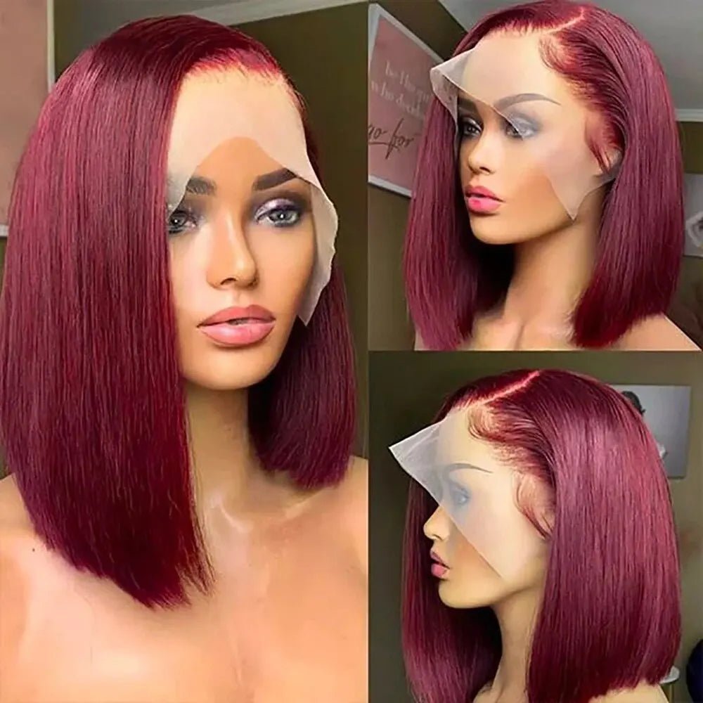 Storazone 13x4 99J Short Bob Wig Human Hair Dark Red Burgundy Color Full Frontal Bob Wigs Blunt Cut Bone Straight Front For Black Woman