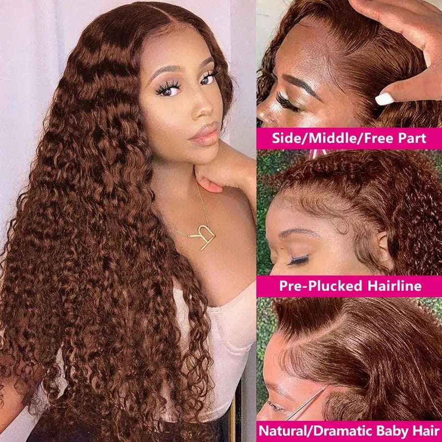 Storazone 13x4 Chocolate Brown Lace Front Wig Deep Wave Frontal Wig HD Lace Front Human Hair Wigs Pre Plucked Colored Curly Human Hair Wig