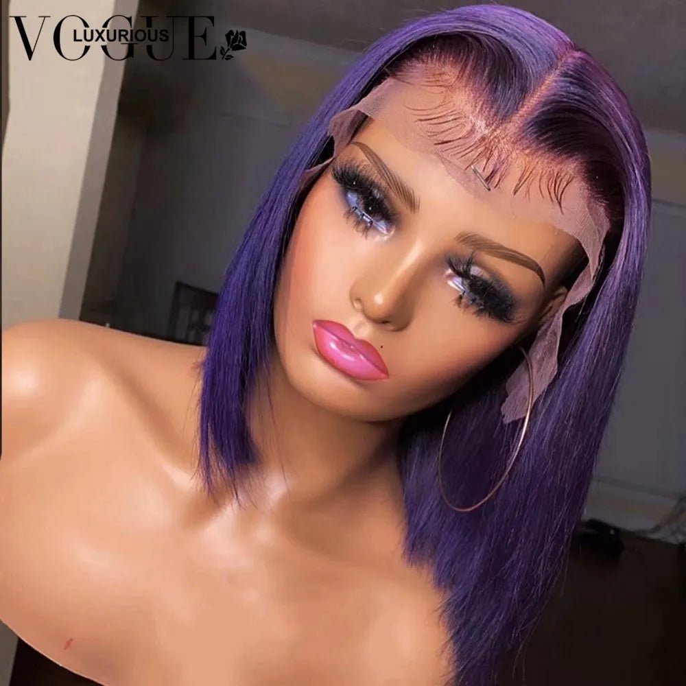 Storazone 13x6 Dark Purple Short Bob Wig Lace Front Human Hair Wigs Preplucked 13x4 Lace Frontal Wig Colored 4x4 Glueless Closure Wig