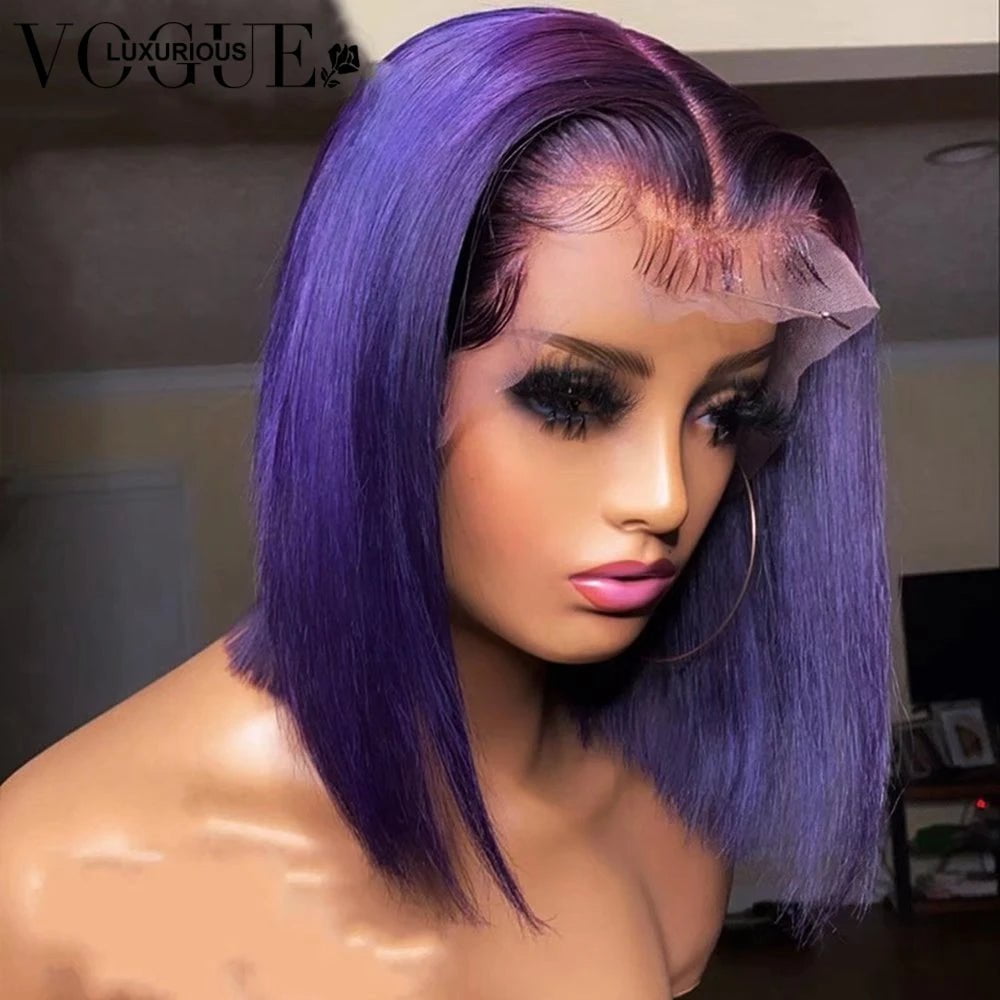Storazone 13x6 Dark Purple Short Bob Wig Lace Front Human Hair Wigs Preplucked 13x4 Lace Frontal Wig Colored 4x4 Glueless Closure Wig
