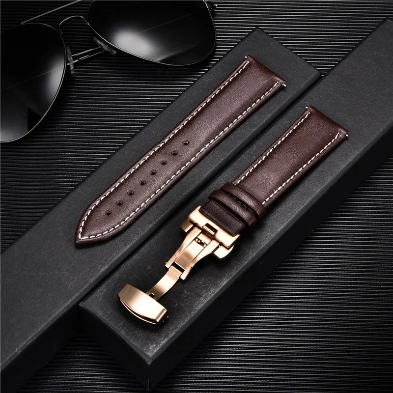 Storazone 14 / 18mm Smooth Genuine Calfskin Leather Watchband 18mm 20mm 22mm 24mm Straps with Solid Automatic Butterfly Buckle Business Watch Band