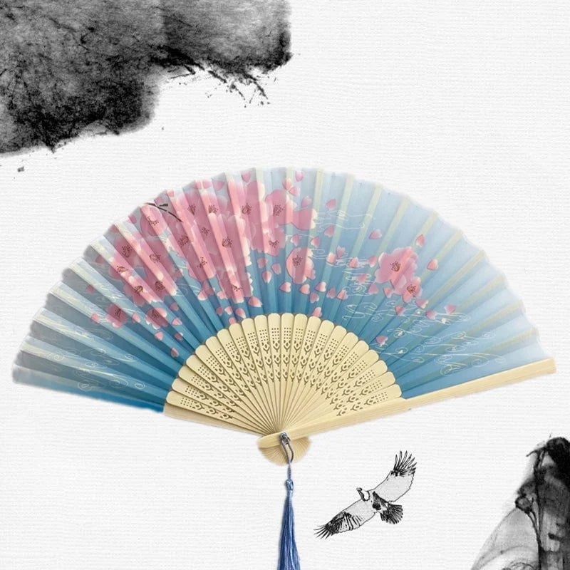 Storazone 14 Chinese Japanese Silk Folding Fan Wooden Shank Classical Dance Fan High Quality Tassel Elegent Female Fan Home Decoration