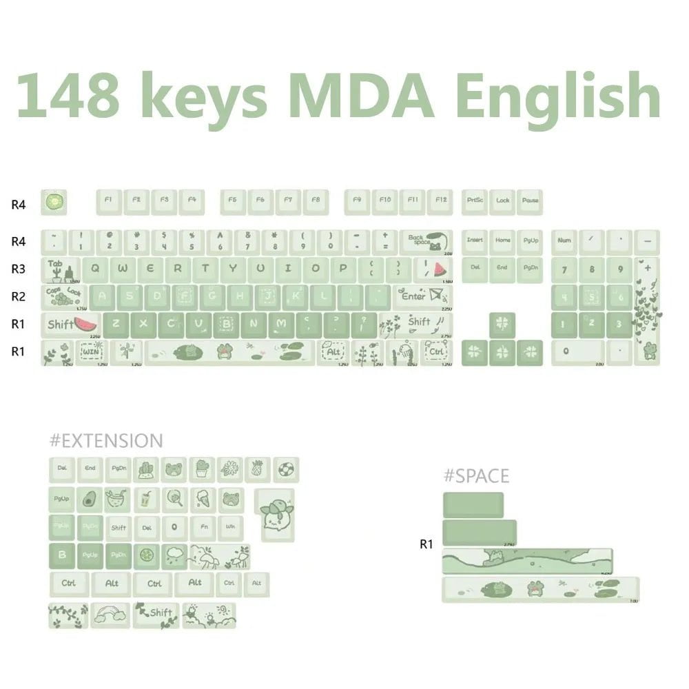 Storazone 148keys Green 148/66 Keys MDA Profile Cute Animal Theme Keycaps For Mechanical Gaming Keyboard Mx Switch PBT Five-sided Sublimation Key Caps