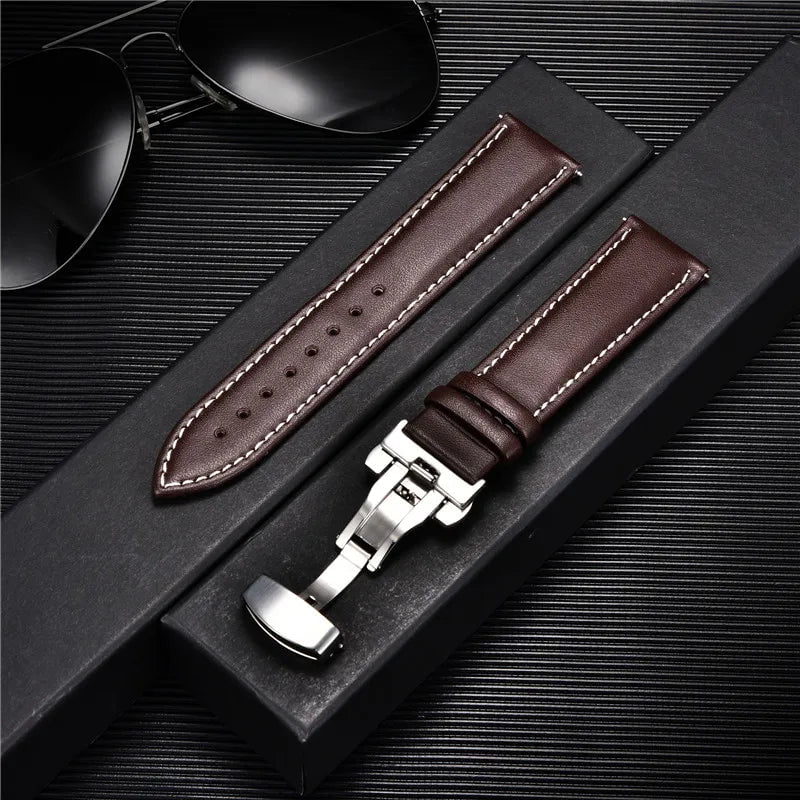 Storazone 15 / 18mm Smooth Genuine Calfskin Leather Watchband 18mm 20mm 22mm 24mm Straps with Solid Automatic Butterfly Buckle Business Watch Band