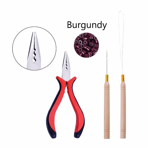 Storazone 15 Burgundy 1 Pack/100Pcs Micro Links/Beads+1Pcs Pulling Needle+1Pc  3 Holes Plier Hair Extensions Tool Kit