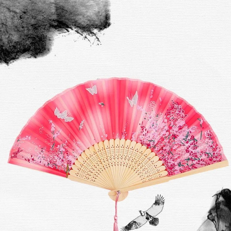 Storazone 15 Chinese Japanese Silk Folding Fan Wooden Shank Classical Dance Fan High Quality Tassel Elegent Female Fan Home Decoration