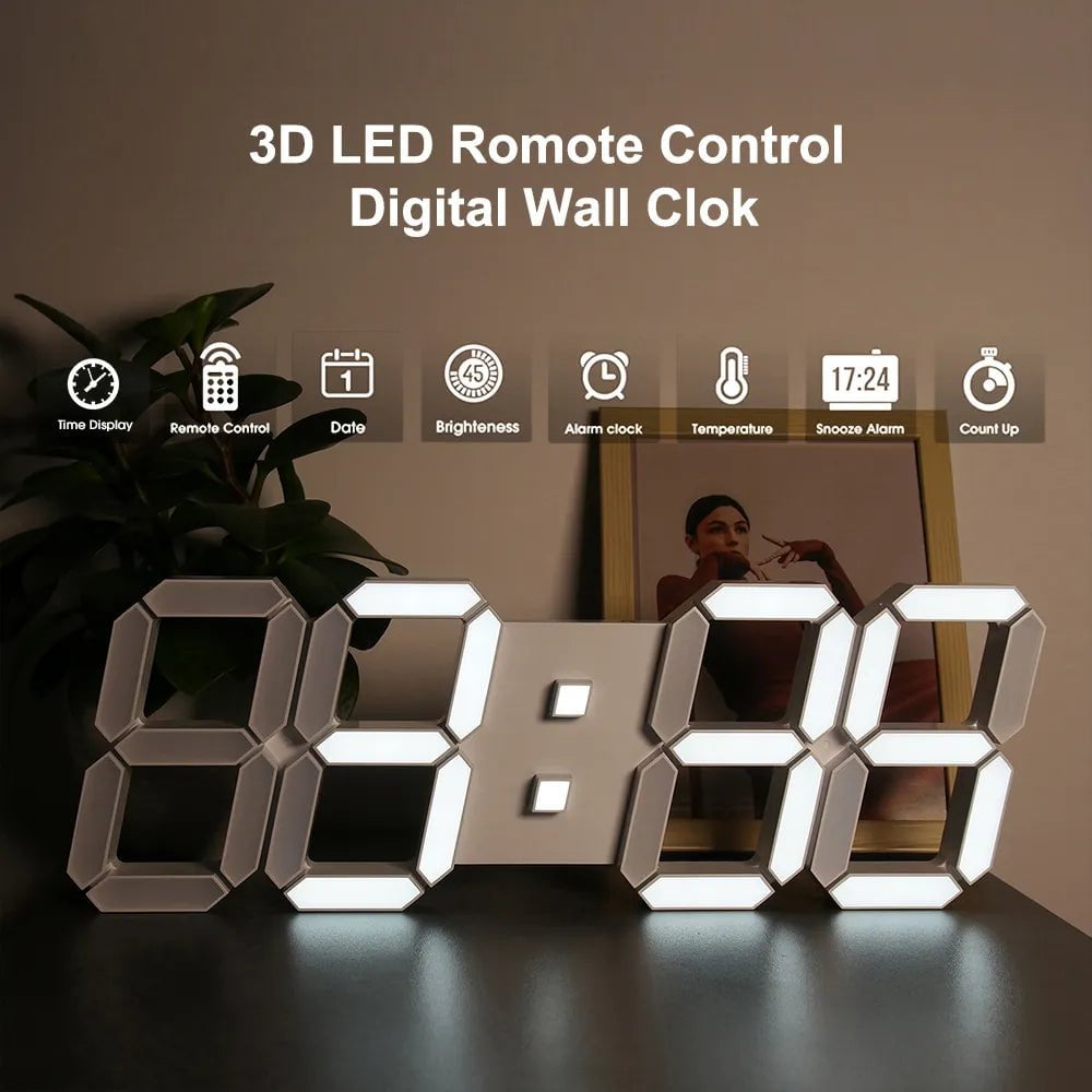 Storazone 15 Inch White 3D LED Wall Clock Large Digital Wall Clock With Remote Control Alarm Clock Time/Date/Temp Display Wall&Table Clock Modern Design