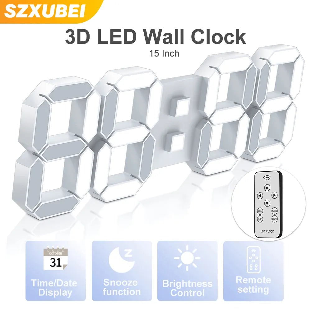 Storazone 15 Inch White 3D LED Wall Clock Large Digital Wall Clock With Remote Control Alarm Clock Time/Date/Temp Display Wall&Table Clock Modern Design