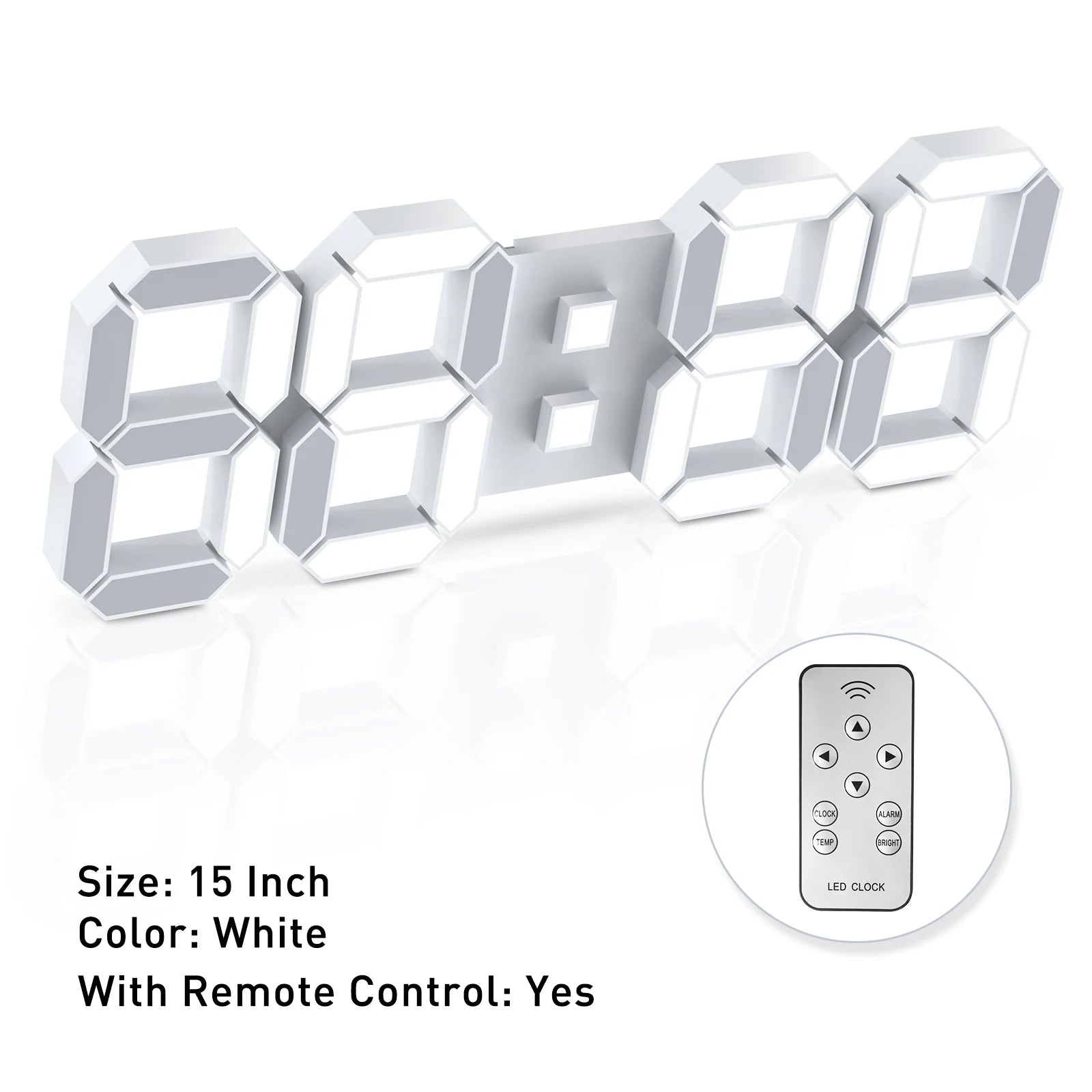 Storazone 15 Inch White 3D LED Wall Clock Large Digital Wall Clock With Remote Control Alarm Clock Time/Date/Temp Display Wall&Table Clock Modern Design