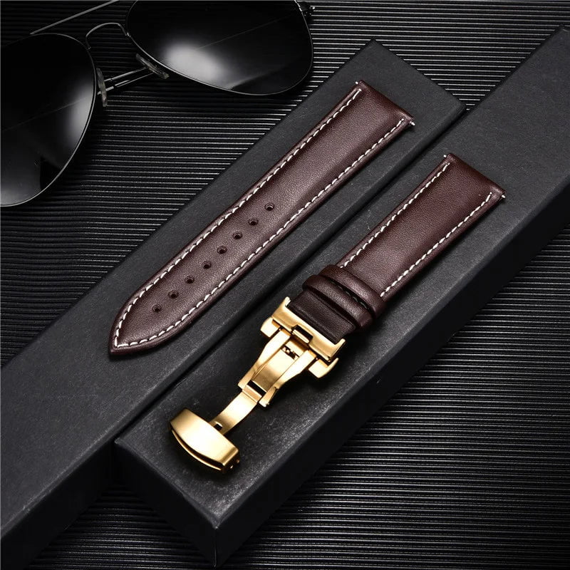 Storazone 16 / 18mm Smooth Genuine Calfskin Leather Watchband 18mm 20mm 22mm 24mm Straps with Solid Automatic Butterfly Buckle Business Watch Band