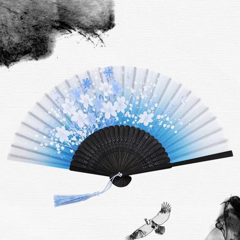 Storazone 16 Chinese Japanese Silk Folding Fan Wooden Shank Classical Dance Fan High Quality Tassel Elegent Female Fan Home Decoration