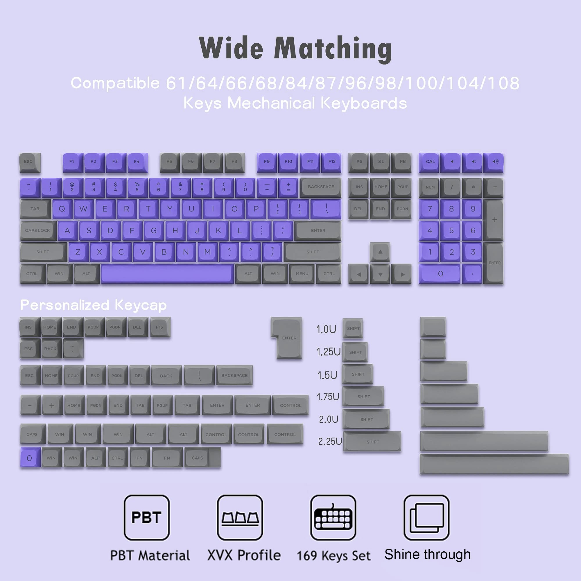 Storazone 169 XVX Purple grey 189 Key PBT Double-shot Black Grey XVX Profile Keycaps Key Cap for MX Switches Womier GK61 Anne Pro 2 Mechanical Gaming Keyboard