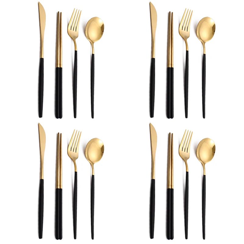 Storazone 16Pcs BlackGold 12-16 Pcs Black Gold Cutlery Set Chopsticks Knife Fork Spoon Golden Stainless Steel Korean Dinnerware Set Luxury Tableware Set