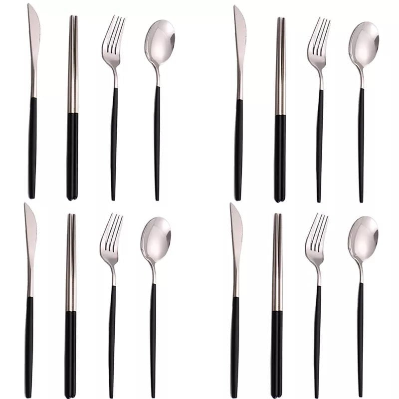 Storazone 16Pcs BlackSilver 12-16 Pcs Black Gold Cutlery Set Chopsticks Knife Fork Spoon Golden Stainless Steel Korean Dinnerware Set Luxury Tableware Set