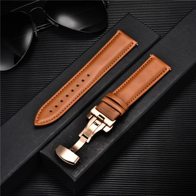 Storazone 17 / 18mm Smooth Genuine Calfskin Leather Watchband 18mm 20mm 22mm 24mm Straps with Solid Automatic Butterfly Buckle Business Watch Band