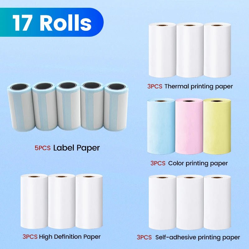 Storazone 17 Rolls Paper Mini Printer Paper Self-adhesive Thermal Papers HD Color Label Printers Wireless Bluetooth Photo Inkless Printing Universal 57mm