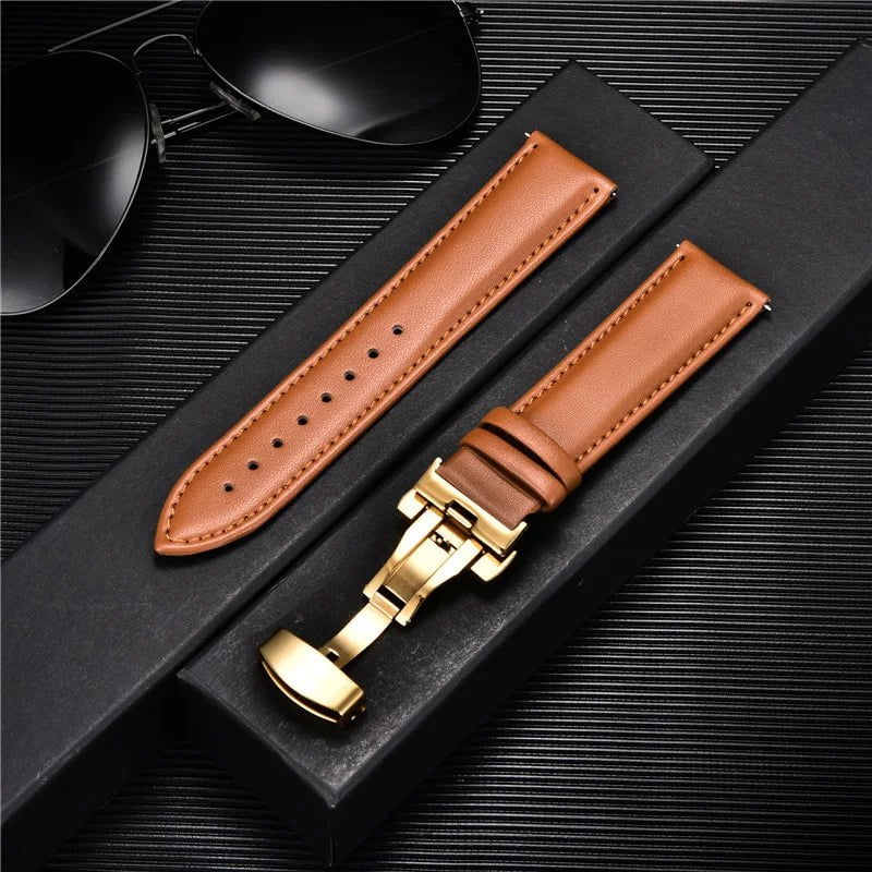 Storazone 18 / 18mm Smooth Genuine Calfskin Leather Watchband 18mm 20mm 22mm 24mm Straps with Solid Automatic Butterfly Buckle Business Watch Band