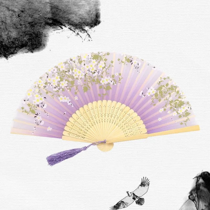 Storazone 18 Chinese Japanese Silk Folding Fan Wooden Shank Classical Dance Fan High Quality Tassel Elegent Female Fan Home Decoration