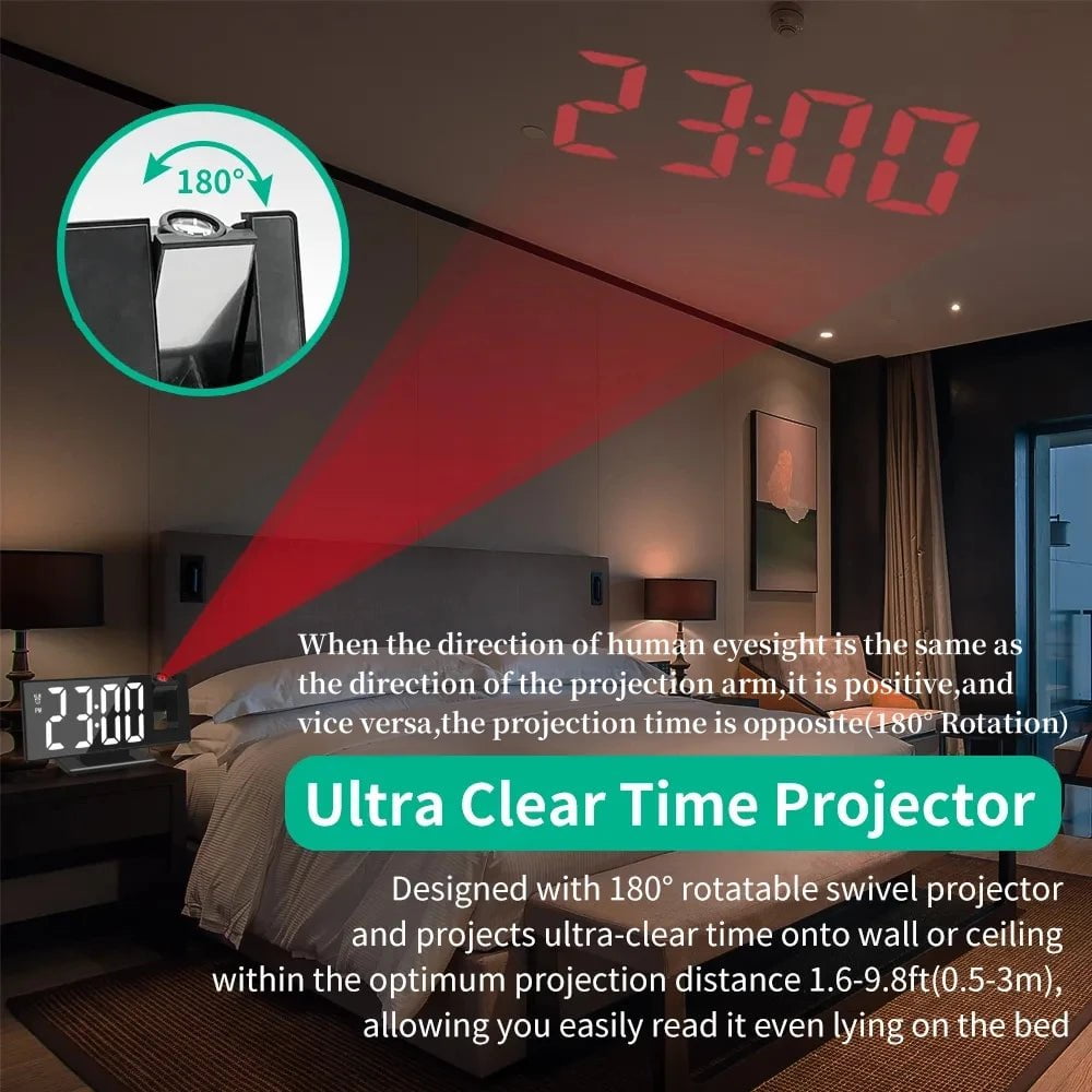 Storazone 180° Arm Projection Alarm Clock with Time Temperature Digital Alarm Clock Snooze Table Clock 12/24H USB Projector LED Clock