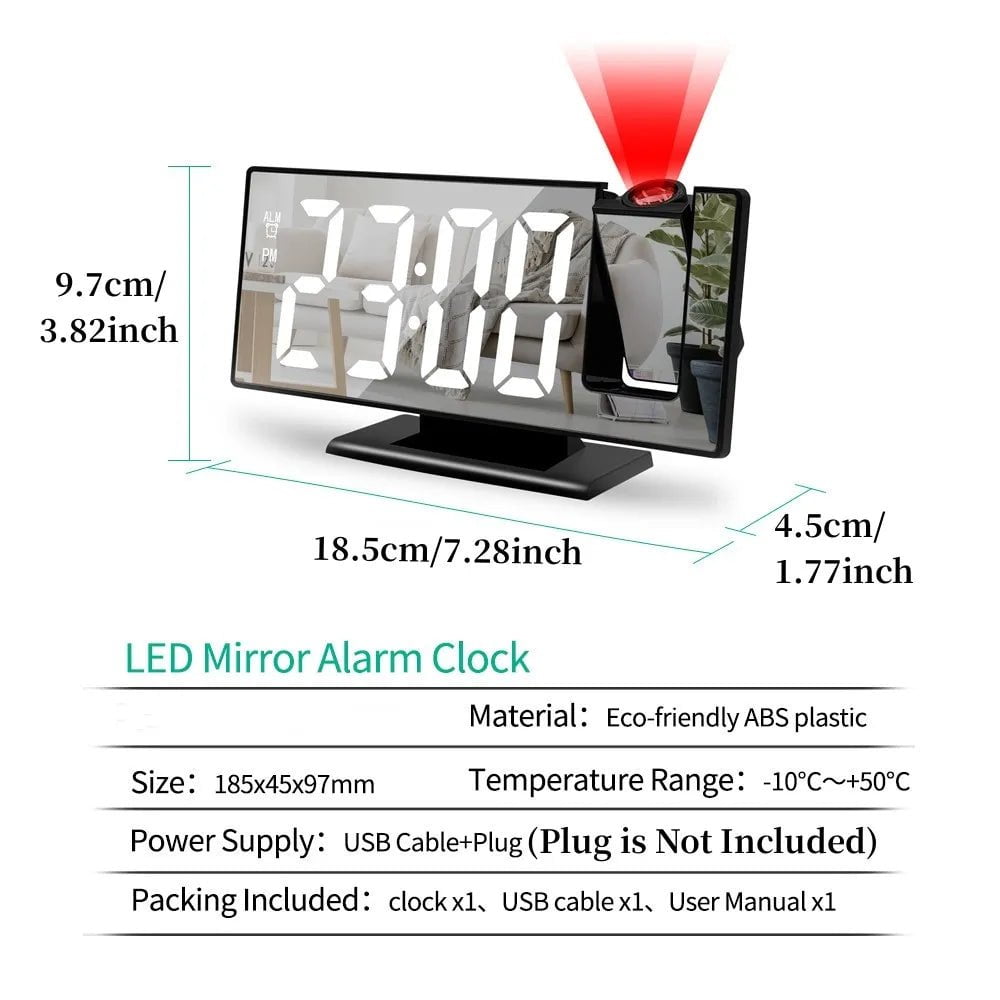 Storazone 180° Arm Projection Alarm Clock with Time Temperature Digital Alarm Clock Snooze Table Clock 12/24H USB Projector LED Clock