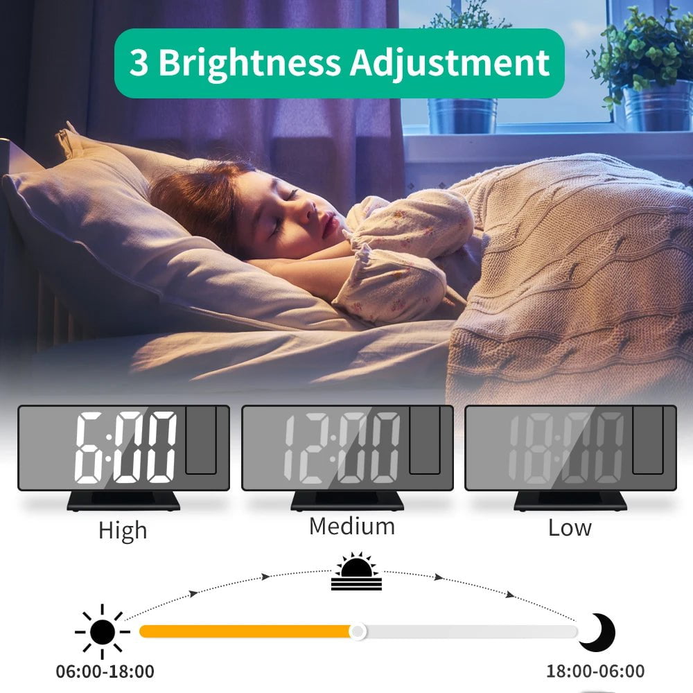 Storazone 180° Arm Projection Alarm Clock with Time Temperature Digital Alarm Clock Snooze Table Clock 12/24H USB Projector LED Clock