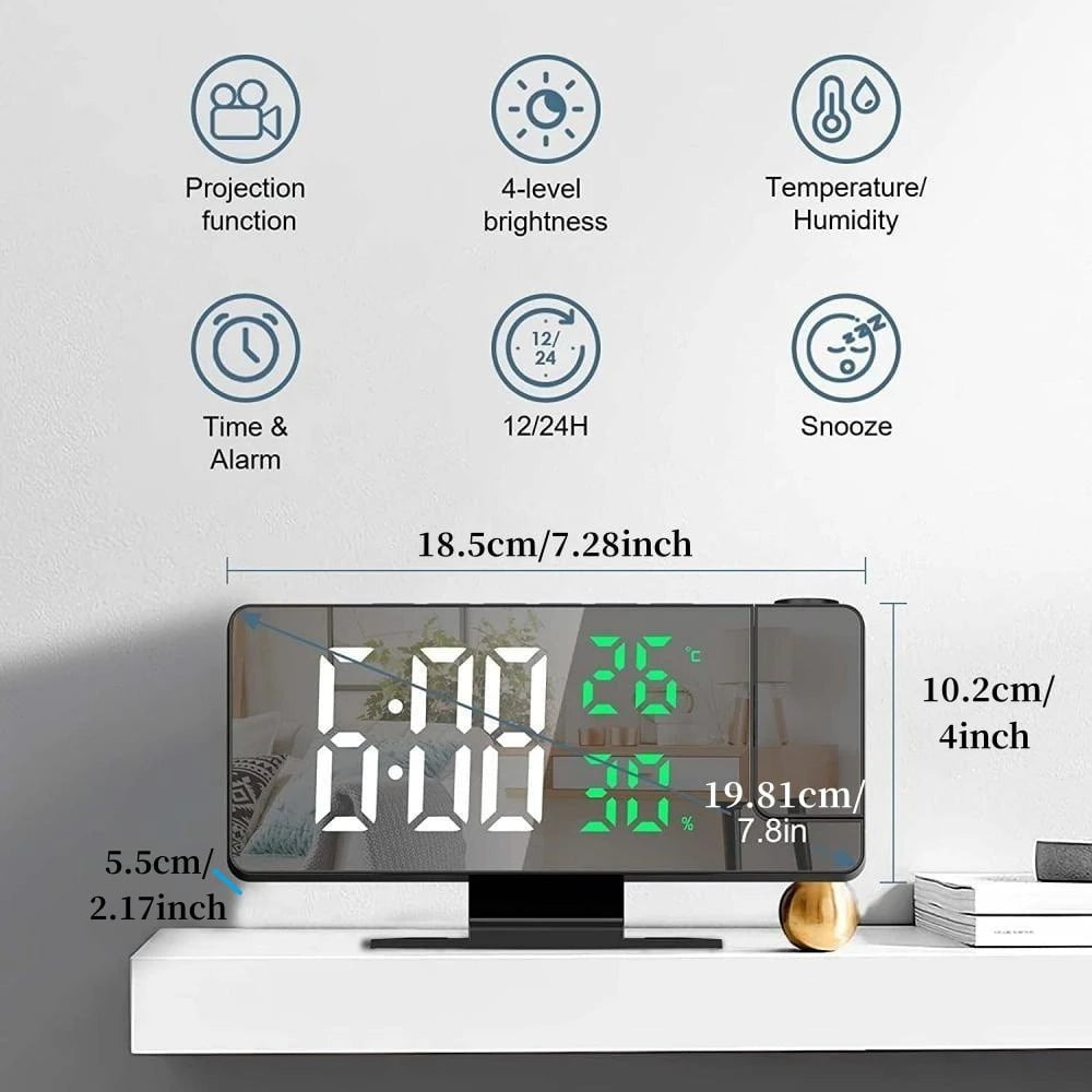 Storazone 180° Arm Projection Digital Alarm Clock Temperature Humidity Night Mode Snooze Table Clock 12/24H USB Projector LED Clock