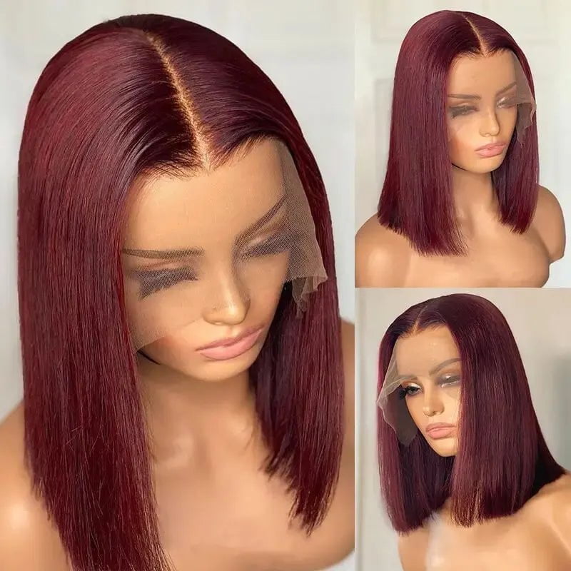 Storazone 180 percent / 12 inches / 13*5*1 13x4 99J Short Bob Wig Human Hair Dark Red Burgundy Color Full Frontal Bob Wigs Blunt Cut Bone Straight Front For Black Woman