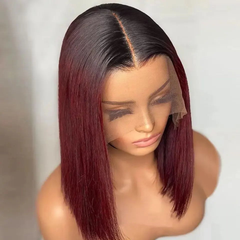 Storazone 180 percent / 8 inches / 13*5*1 1B/99J Burgundy Short Straight Bob Human Hair Wigs Brazilian Lace Front Human Hair Wigs Pre Plucked T Part Lace Wigs Remy Hair