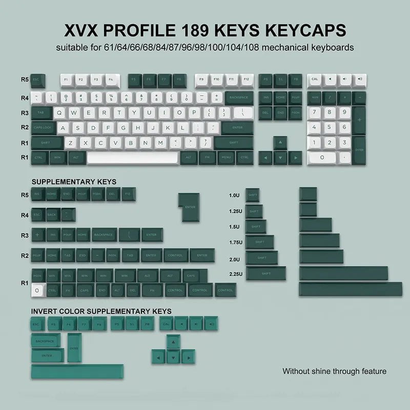 Storazone 189 XVX white green 189 Key PBT Double-shot Black Grey XVX Profile Keycaps Key Cap for MX Switches Womier GK61 Anne Pro 2 Mechanical Gaming Keyboard