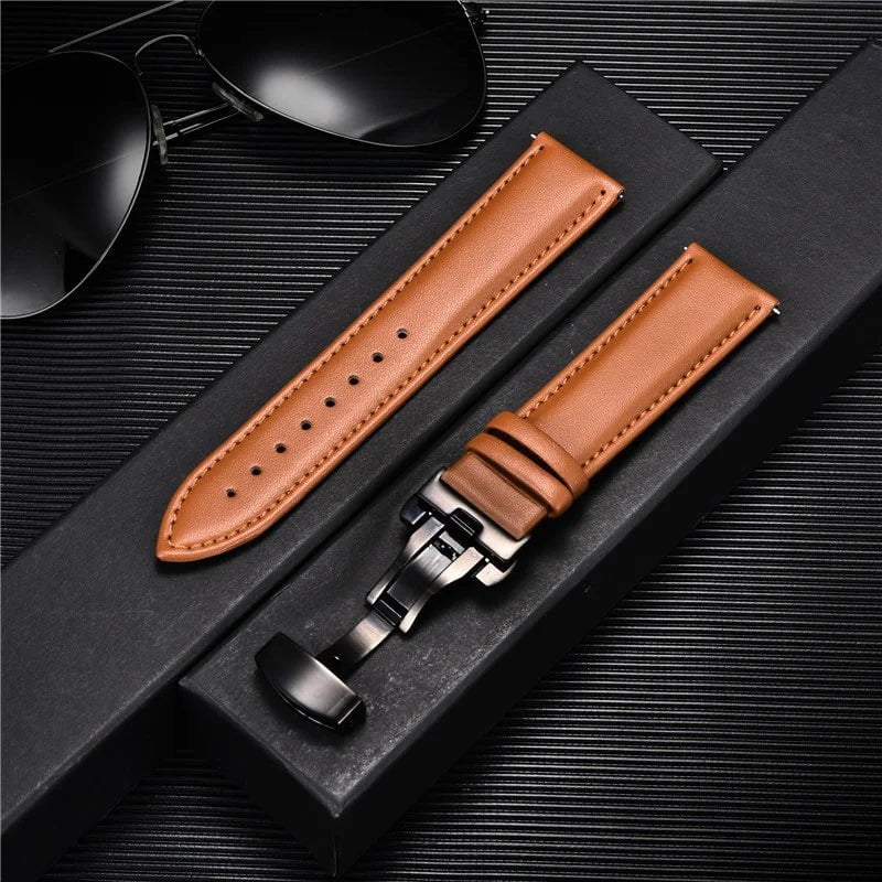 Storazone 19 / 18mm Smooth Genuine Calfskin Leather Watchband 18mm 20mm 22mm 24mm Straps with Solid Automatic Butterfly Buckle Business Watch Band