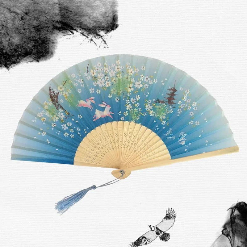 Storazone 19 Chinese Japanese Silk Folding Fan Wooden Shank Classical Dance Fan High Quality Tassel Elegent Female Fan Home Decoration