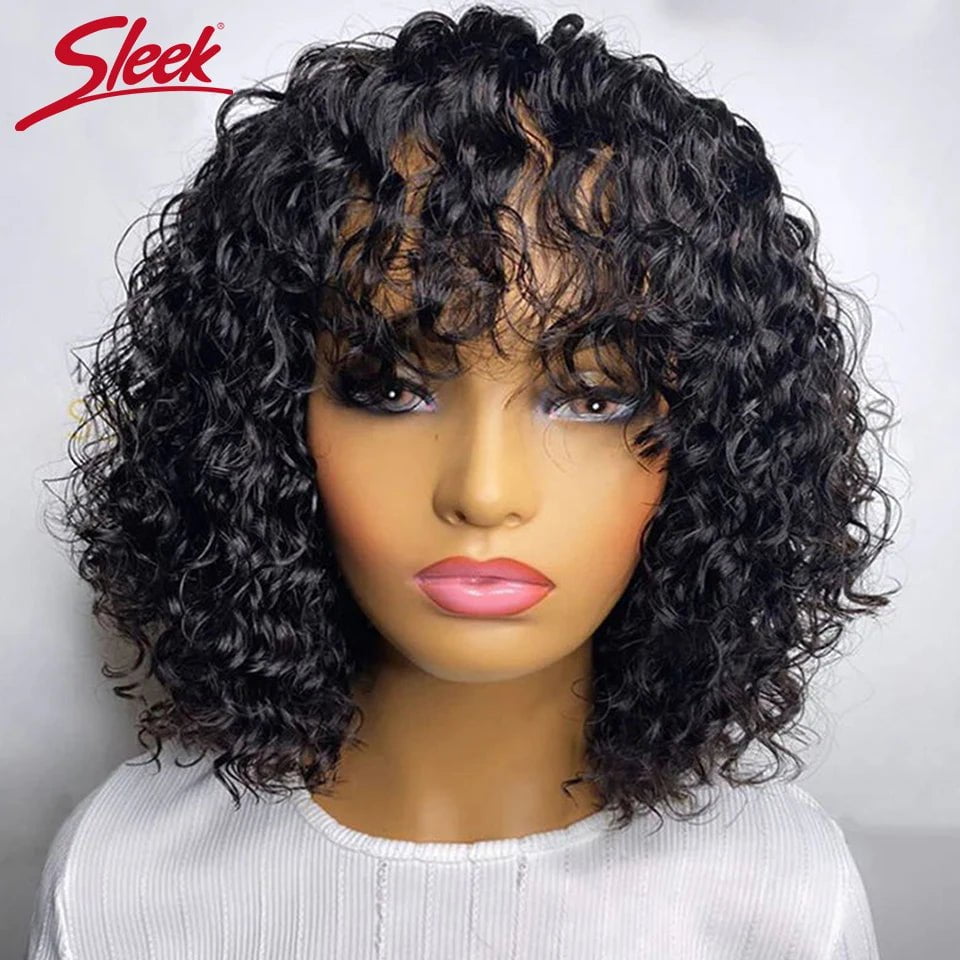 Storazone 1B / 10inches Short Pixie Bob Cut Human Hair Wigs With Bangs Jerry Curly Non lace front Wig Highlight Honey Blonde Colored Wigs For Women