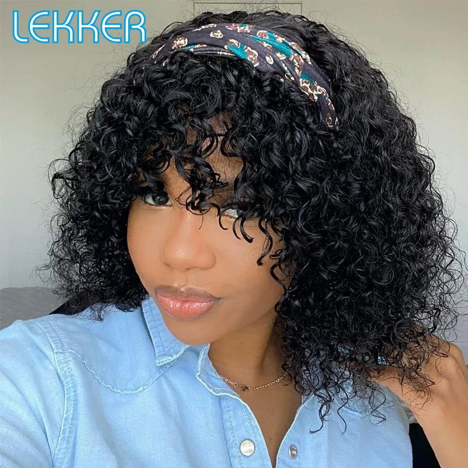 Storazone #1B / CHINA / 10inches Lekker Colored Short Afro Kinky Curly Bob Human Hair Bangs Wig For Women Brazilian Remy Hair Ombre Brown Loose Deep Wavy Wigs