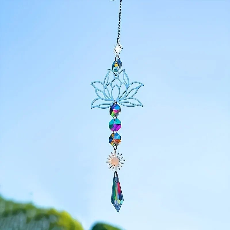 Storazone 1PcMetalLotusandArtificial Crystal Suncatcher Charm Handmade Applicable Home Wind Chime Pendant Outdoor Garden Plant Decoration