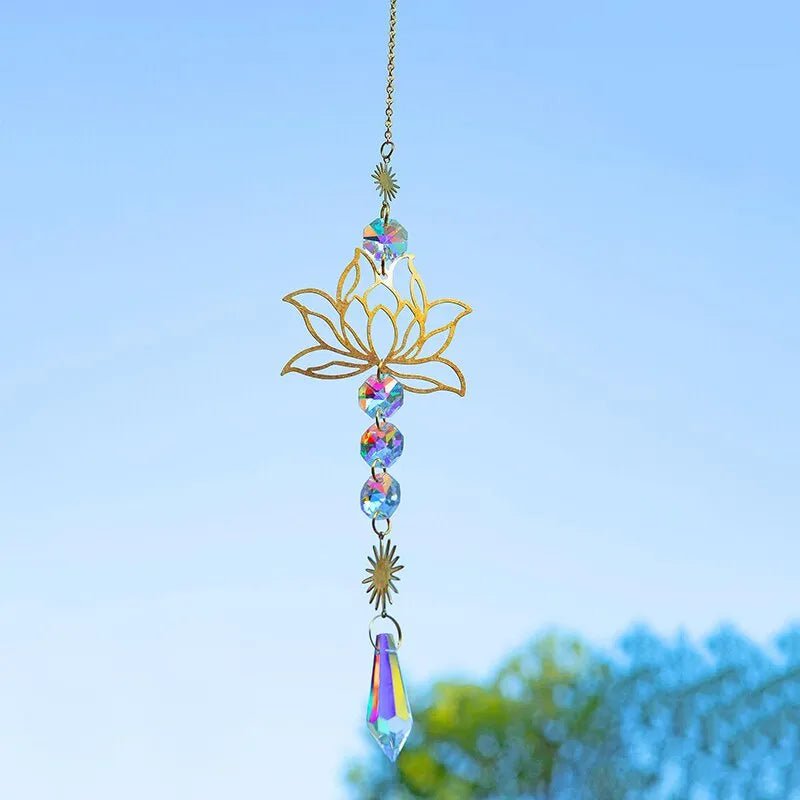 Storazone 1PcMetalLotusandArtificial Crystal Suncatcher Charm Handmade Applicable Home Wind Chime Pendant Outdoor Garden Plant Decoration