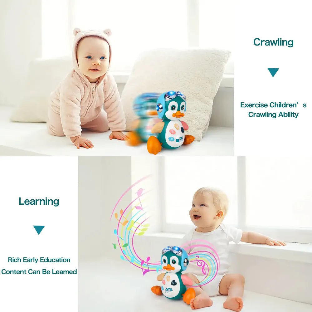 Storazone 1pcs Baby Crawling Toys Musical Penguin Infant Moving Walking Dancing Toys with Light Toddler Interactive Development Tummy Time Gift