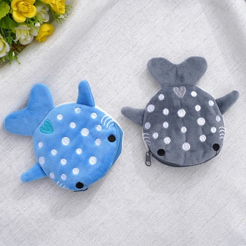 Storazone 1pcs colour random Women Plush Shark Coin Purse Cartoon Cute Coin Purse Zip Plush Three-dimensional Coin Purse Headphone Bag Wallet Key Holder