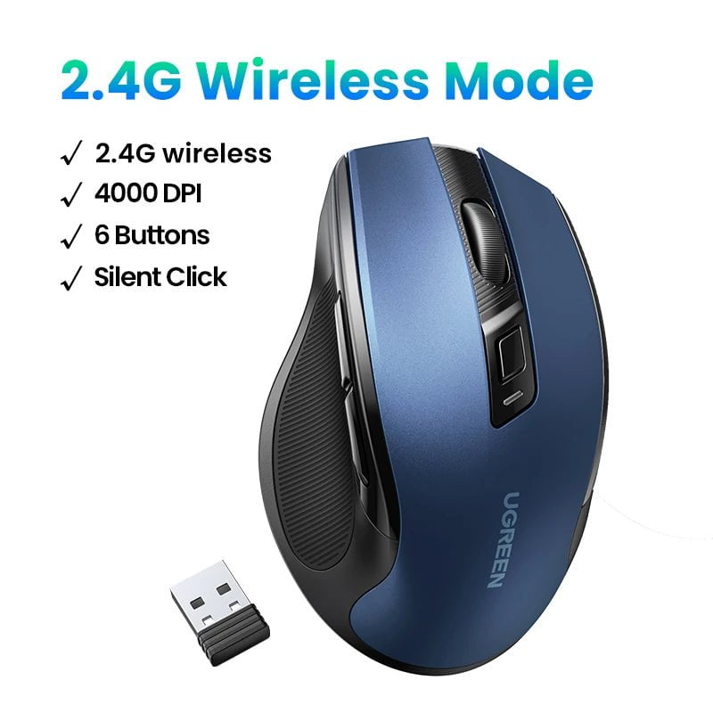 Storazone 2.4G Blue / CHINA UGREEN Mouse Wireless Ergonomic Mouse 2.4GHz 4000 DPI Silent 6 Buttons For MacBook Tablet Laptop PC Mute Mice Quiet 2.4G Mouse