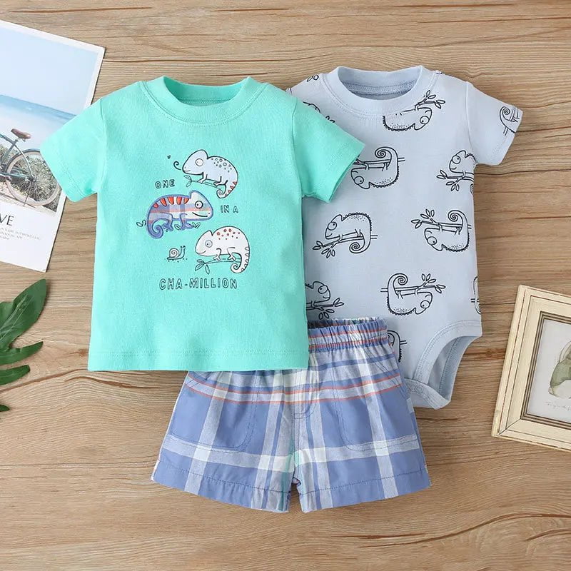 Storazone 2 / 6M Newborn Baby Boys Clothes Set 2023 Summer Cotton Short Sleeve Tops+Romper+Shorts 3Pcs sets Infant Baby Boy Girl Clothing Outfits