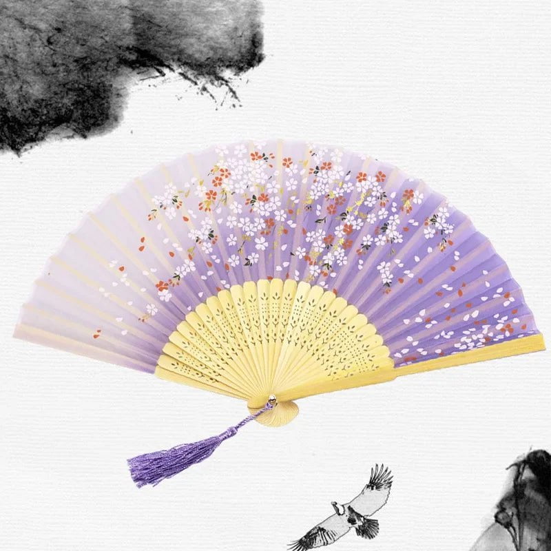 Storazone 2 Chinese Japanese Silk Folding Fan Wooden Shank Classical Dance Fan High Quality Tassel Elegent Female Fan Home Decoration