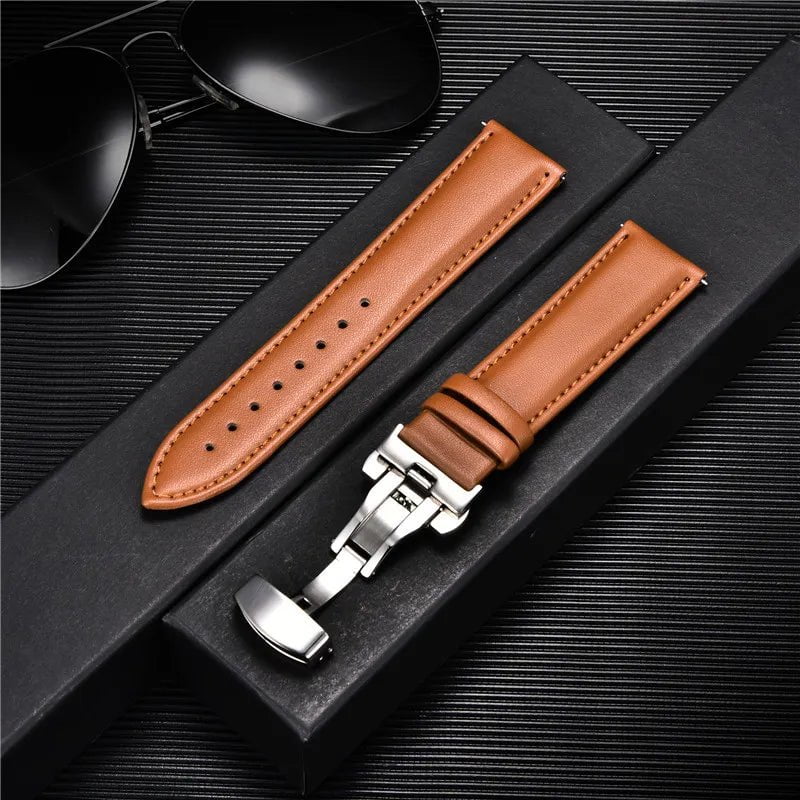 Storazone 20 / 18mm Smooth Genuine Calfskin Leather Watchband 18mm 20mm 22mm 24mm Straps with Solid Automatic Butterfly Buckle Business Watch Band