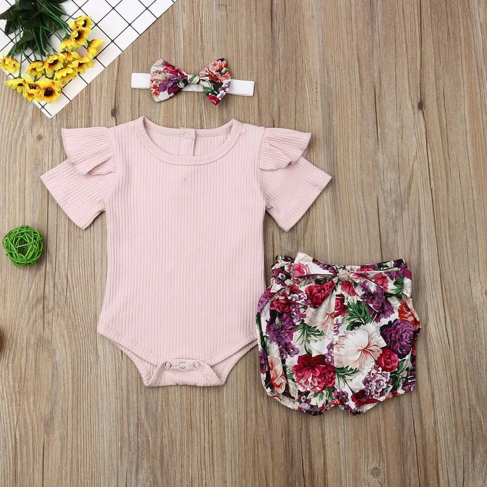 Storazone 2019 Baby Summer Clothing Newborn Infant Baby Girl Boys Clothes Sets Solid Ribbed Romper+Floral PP Shorts+Headband 3Pcs Outfit